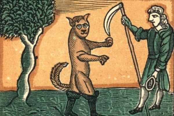 Illustration from “The Master Cat; Or, Puss in Boots" showing a man in a green doublet holding a reaper and a cat on its hind legs wearing boots, both standing in a field